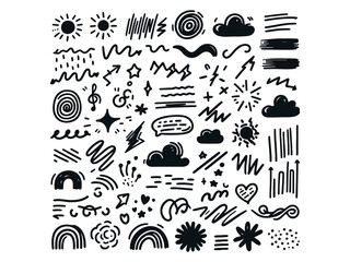 Different types of shapes, hand drawn brush elements, scribbles, doodles, and forcible shape sets. 