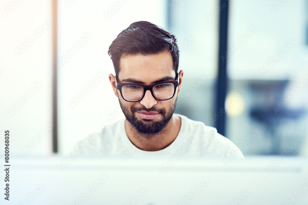Poster business, thinking and man with ideas, solution and calm thought with graphic designer, employee and