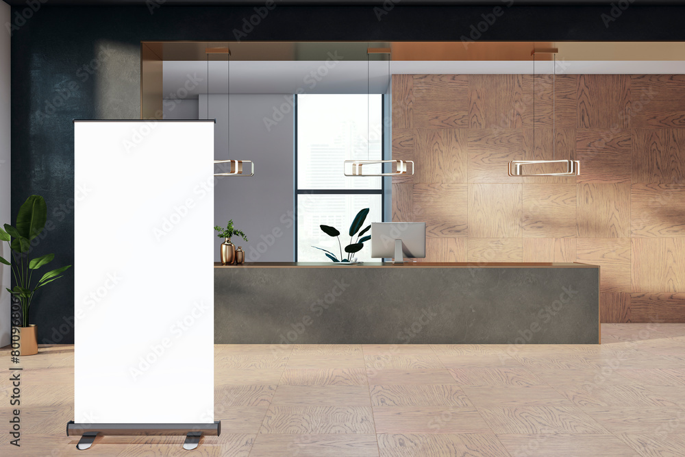 Poster Modern luxury office reception with empty white mock up banner, window and city view. 3D Rendering.