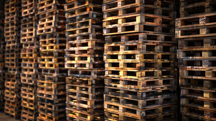 Piles of Sturdy Wooden Pallets in Industrial Setting