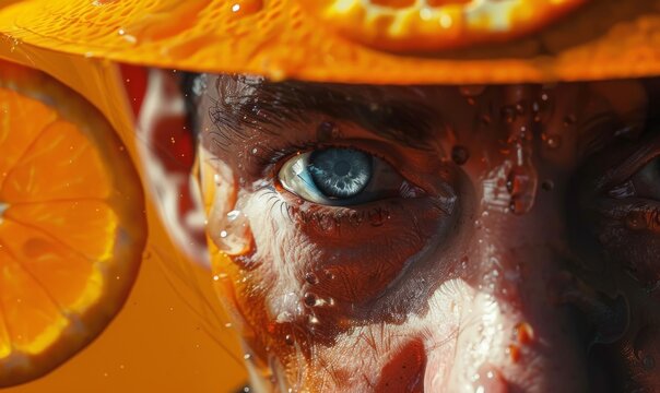 Man's face obscured by sliced oranges, vivid and surreal artistic portrait - Powered by Adobe