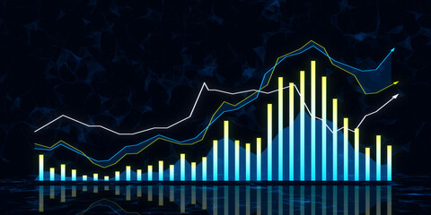 Abstract growing forex chart on dark background. Trade, finance and stock concept. 3D Rendering.