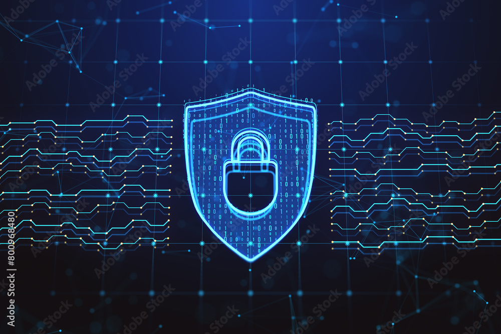 Poster abstract glowing digital padlock hologram on dark wallpaper. safety and security concept. 3d renderi