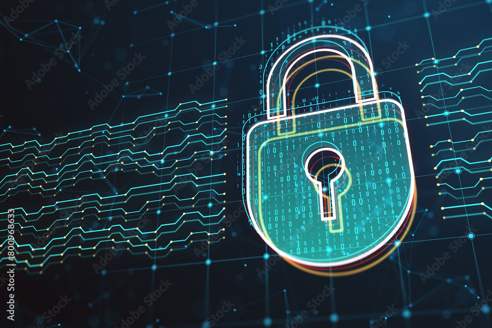 Aufkleber creative glowing digital padlock hologram on dark backdrop . safety and security concept. 3d renderi