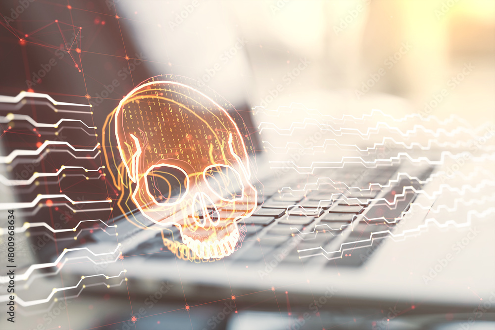 Poster close up of laptop on desk with creative skull and circuit hologram on blurry background. malware an