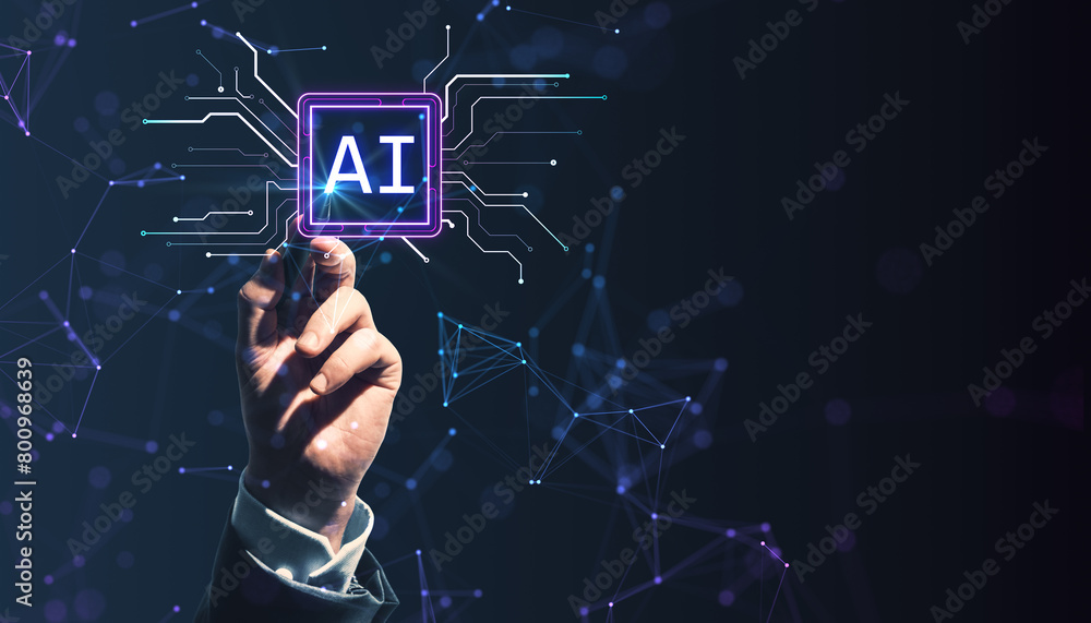 Poster close up of business man hand pointing at glowing polygonal circuit ai hologram on dark background. 