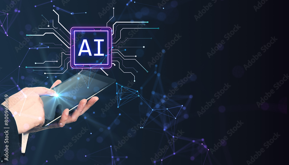 Poster Close up of businessman hand pointing at cellphone with glowing polygonal circuit AI hologram on dark background. Artificial intelligence and innovation concept. Mock up place.