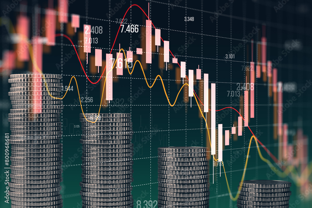 Poster creative falling forex chart and stacked golden coins on dark grid backdrop. trade, crisis and stock