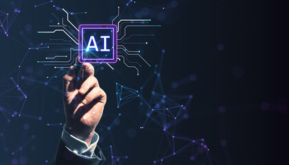 Close up of business man hand pointing at glowing polygonal circuit AI hologram on dark background. Artificial intelligence and innovation concept. Mock up place.