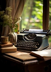 Fototapeta na wymiar A vintage typewriter sits on a wooden desk in front of a window