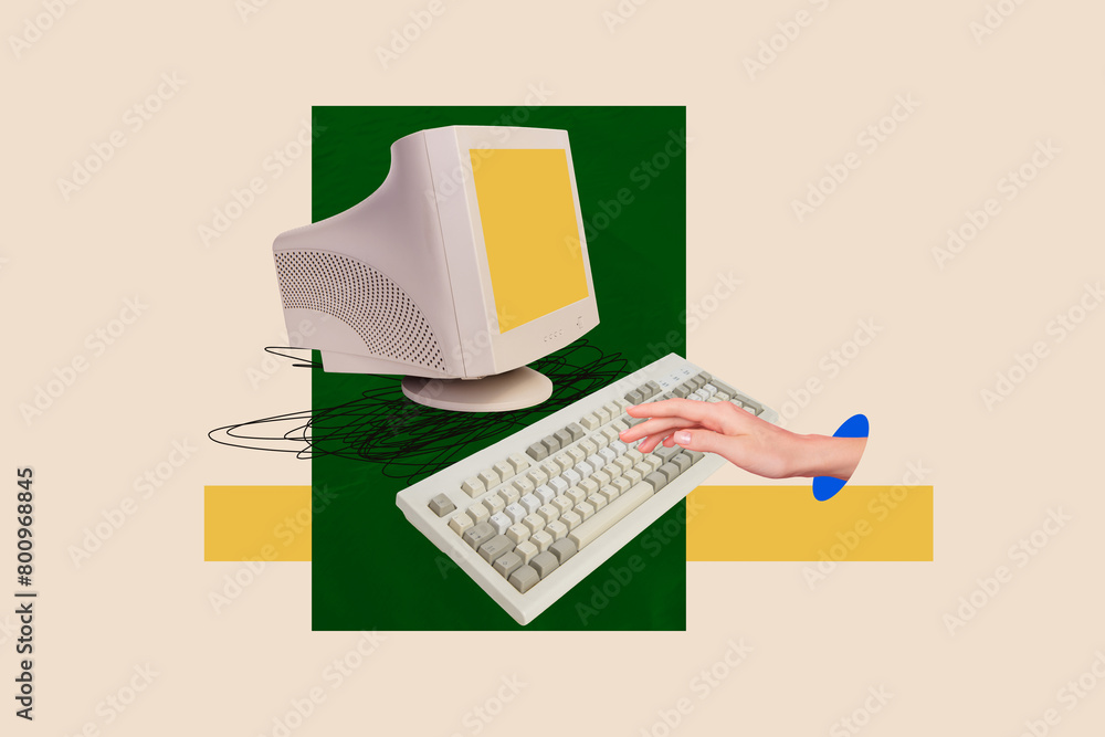 Poster sketch image composite photo collage of watch retro computer monitor device screen hand appear from 