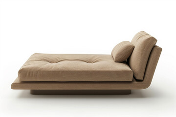 A sleek, modern chaise longue with clean lines and plush cushions, isolated on a solid white background.