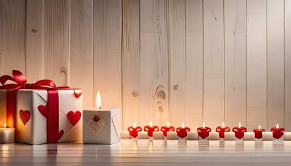 Close up shot of a wooden white background adorned with whimsical red hearts, festive gifts