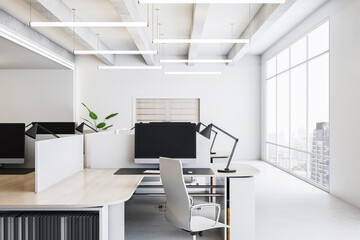 Minimalist office design with modern decor, natural light, and urban views. 3D Rendering