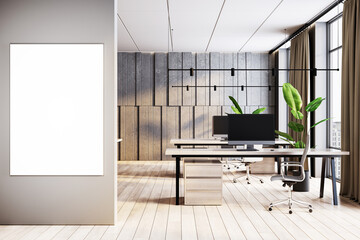 Modern office space with concrete and wood design elements and large blank wall mockup. 3D Rendering