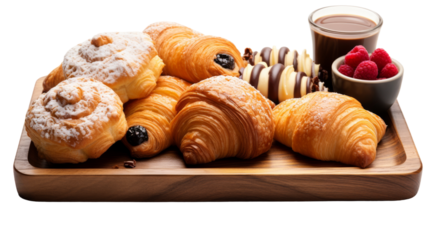 A wooden tray holding a variety of pastries and a steaming cup of coffee