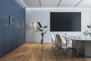 Modern wooden and concrete meeting room interior with furniture and black mock up screen. 3D Rendering.
