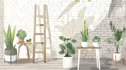 Wooden ladder table and houseplants near white brick