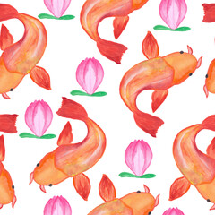 goldfish japanese chinese catfish magnolia bud and lotus seamless pattern on white background watercolor illustration basis for textile design tableware postcards traditional illustrations.