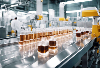 'production line beauty healthcare products plant factory process manufacturing packaging cosmetics goods glass plastic bottles screw caps standing conveyor belt liquid laboratory bottle science'