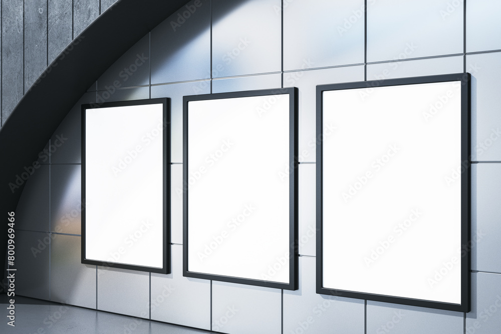 Poster Modern underground interior with empty mock up frames on tile wall. 3D Rendering.