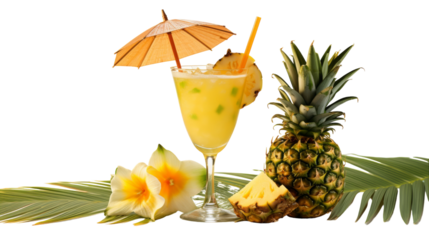 A pineapple drink adorned with a straw and umbrella, exuding summer vibes
