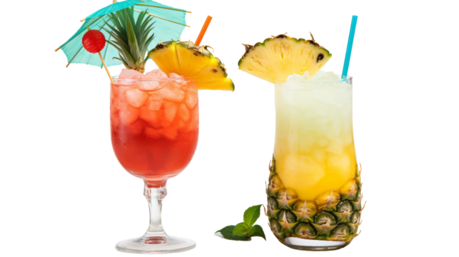 Two glasses of different drinks on a clean white surface