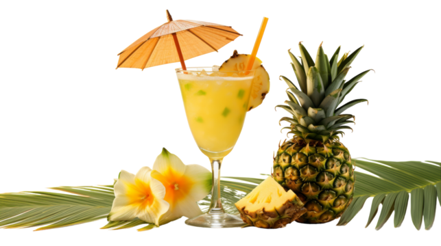 A pineapple drink adorned with a straw and umbrella, exuding summer vibes