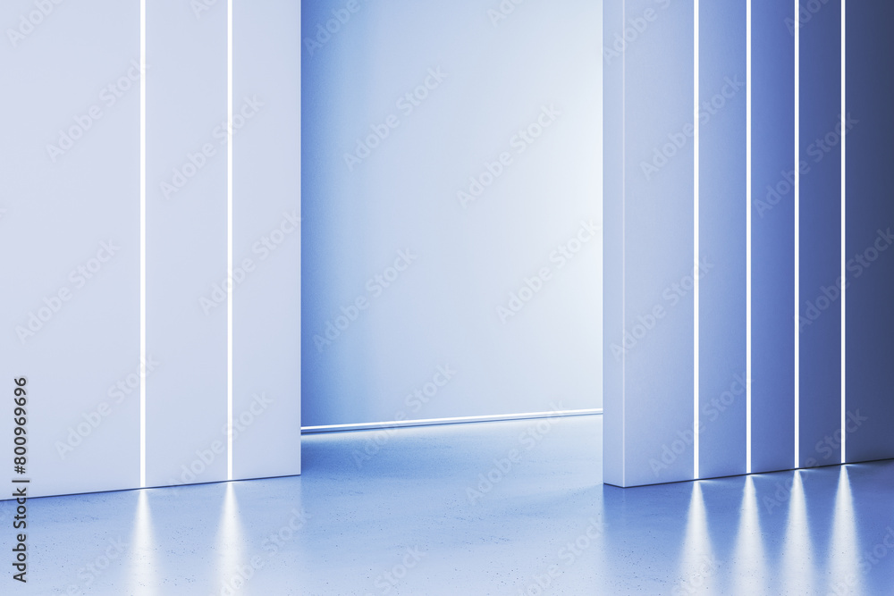 Poster new blue interior with light reflections on floor and mock up place. gallery concept. 3d rendering.