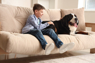 Cute fluffy dog and boy sitting on comfortable sofa in living room
