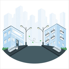 3d Urban street landscape with crossroad and traffic light, buildings with small shops, cafes and restaurants cartoon vector background, town poster with empty street space. vector illustration.  495