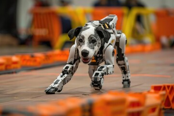 Robotic dog fitted with advanced augmented reality technology explores a testing facility, highlighting the integration of robotics and AR in training and simulation.