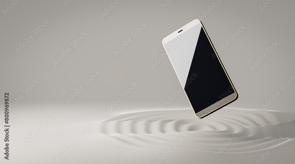 Poster Abstract flying smartphone with reflections on creative light whirl background with mock up place. Product ad concept. 3D Rendering.