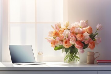 A beautiful bouquet of flowers sits on a desk next to an open laptop