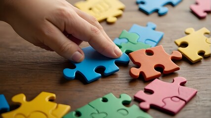  A child's hand placing a colorful puzzle piece onto a larger puzzle, symbolizing unity and understanding in autism support. . 8k --ar 16:9 --v 6.0