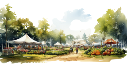 Colorful tents house vendors selling fresh produce and handmade goods at a bustling farmers market