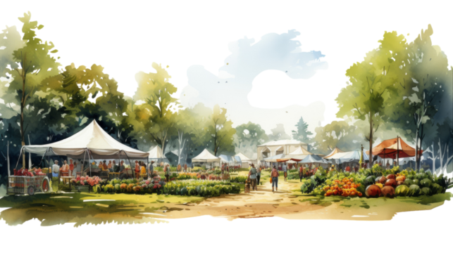 Colorful tents house vendors selling fresh produce and handmade goods at a bustling farmers market