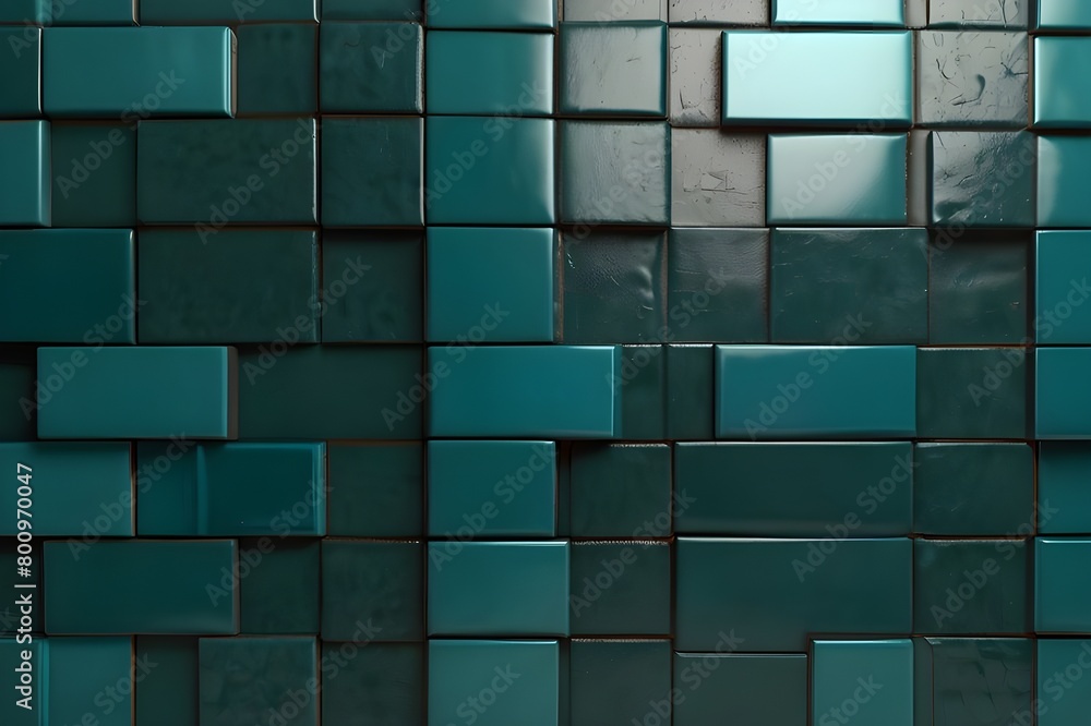 Poster herringbone, semigloss mosaic tiles arranged in the shape of a wall. teal, 3d, bricks stacked to cre