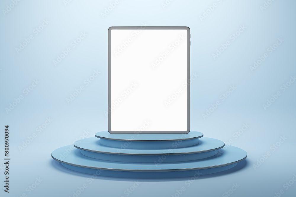 Poster empty white mock up tablet on creative blue podium background with mock up place. product ad concept