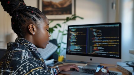 Fototapeta na wymiar African American woman focused on programming, coding on her laptop in a well-lit office space, showcasing diversity in the tech industry.