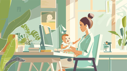Fototapeta na wymiar Working mother with her baby in office Vector style vector
