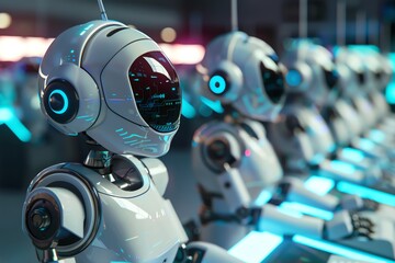 Automated customer service center with AIdriven chatbots managing inquiries, futuristic interface