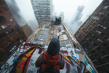 Capture an urban explorer marveling at a towering, graffitied skyscraper from a worms-eye view...