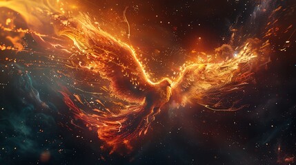 Illustrate a mythical phoenix rising from the depths of space, engulfed in ethereal flames and cosmic dust, using a mix of photorealistic and CG 3D elements Play with unconventional angles to portray