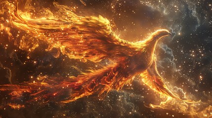 Illustrate a mythical phoenix rising from the depths of space, engulfed in ethereal flames and cosmic dust, using a mix of photorealistic and CG 3D elements Play with unconventional angles to portray