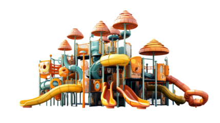 A vibrant childrens play area featuring a bright yellow slide where kids are sliding and laughing happily