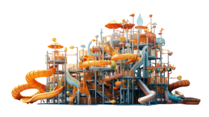 A massive water park featuring a thrilling water slide surrounded by pools and water attractions