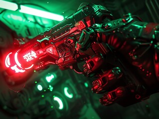 Craft a 3D rendering combining futuristic gadgets and horror elements in a high-angle shot Utilize deep shadows, neon lights, and grotesque shapes to create a visual narrative that piques curiosity an