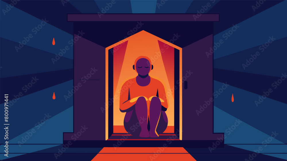 Poster with the sauna door shut a figure is enveloped in warmth and soothing infrared rays creating the ide