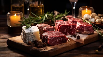 A delicious and savory charcuterie board featuring a variety of cured meats, cheeses, and fruits